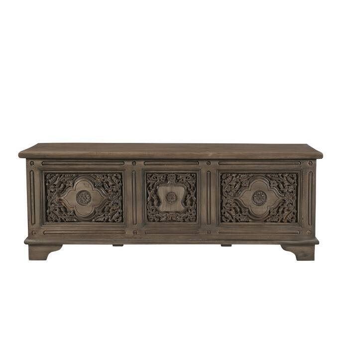 HomeRoots 54" Brown Carved Floral Solid Wood Storage Ottoman
