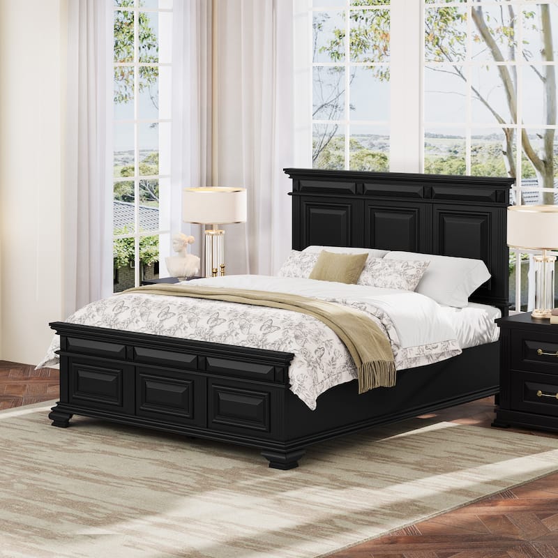 Solid Wood Retro Platform Bed with Headboard - Black - Queen