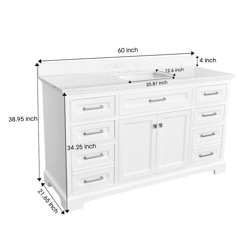 AstralLight 60 in. Single Sink Freestanding White Bath Vanity with White Quartz Stone Top