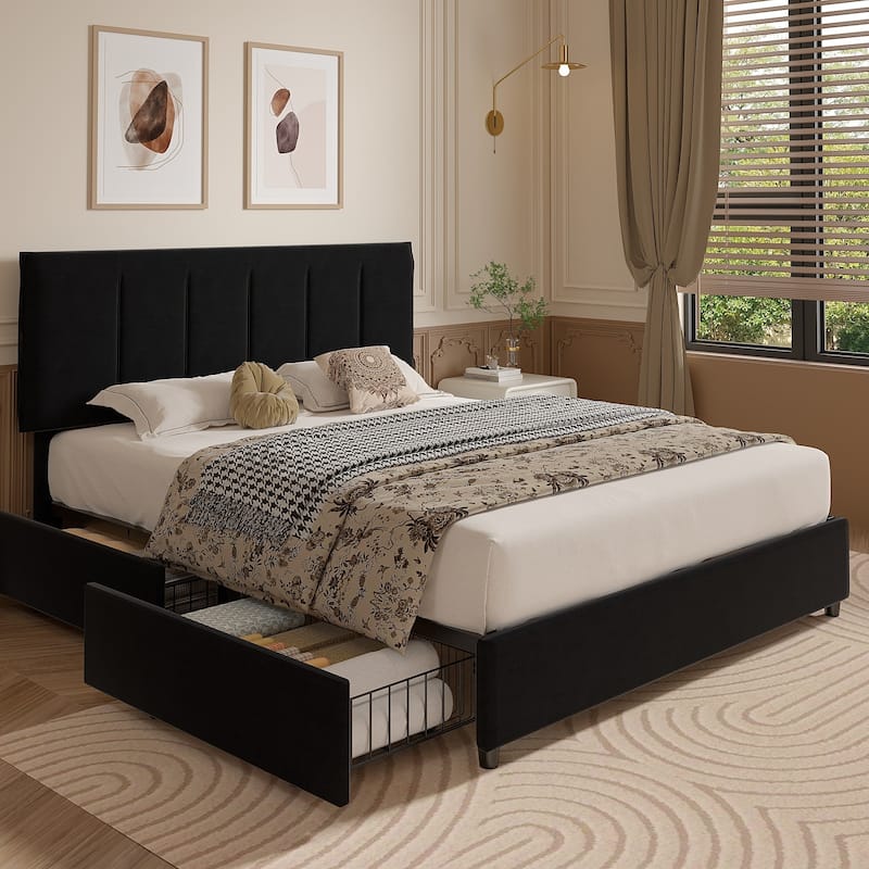 VECELO Bed Frame with 4 Storage Drawers, Upholstered Platform Bed Frame with Adjustable Headboard - Black - Queen