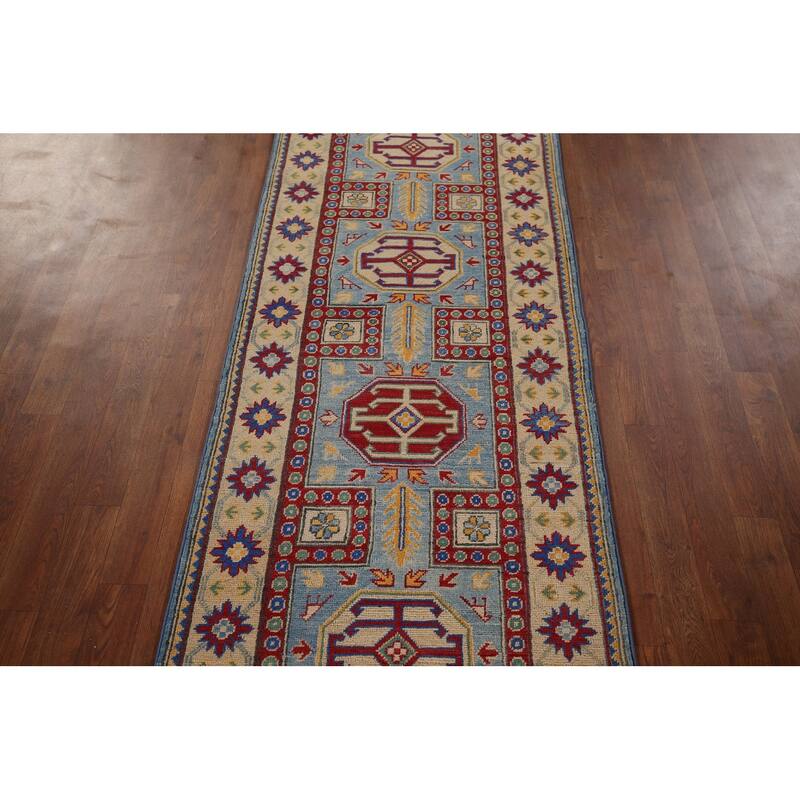 Light Blue Geometric Kazak Runner Rug Hand-Knotted Wool Carpet - 2'7" x 20'8"