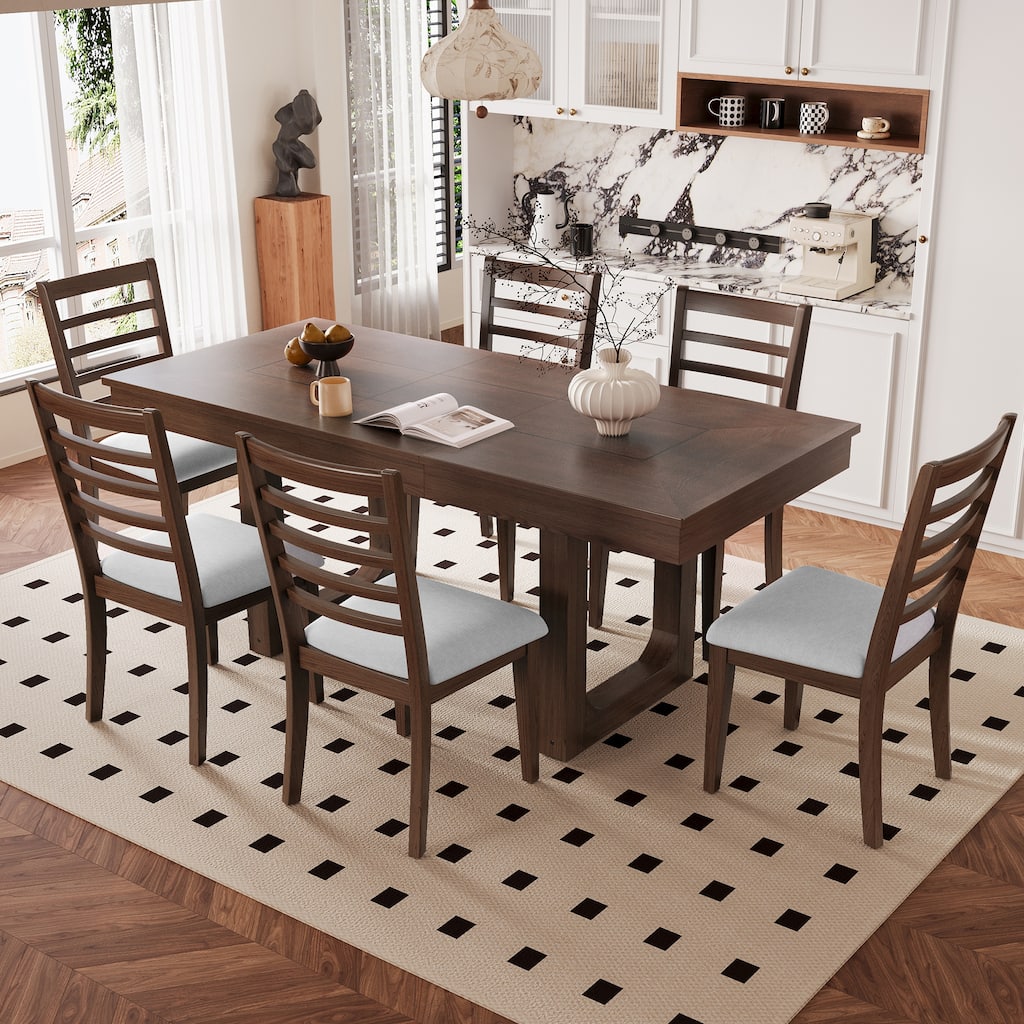 Roomfitters 7-Piece Farmhouse Extendable Dining Table Set, 18" Leaf, 6 Chairs