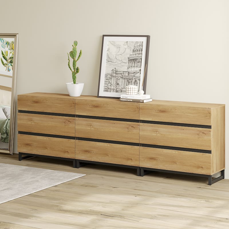 Dresser for Bedroom, Closet Organizers and Storage, Chest of Drawers with Metal Base, Modern Wood Dresser for Living Room - Oak - 9-drawer