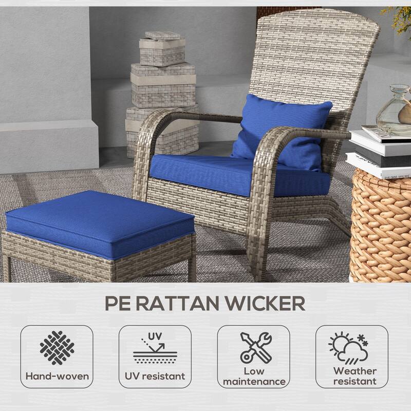 Patio Wicker Adirondack Chair Set with Ottoman, Outdoor Fire Pit Chair with Cushions, High-Back, Large Seat and Armrests