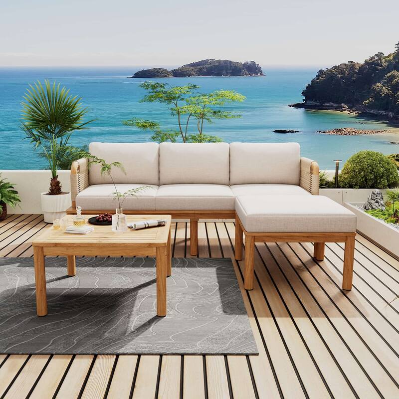 3-Piece Outdoor Wood Sectional Sofa Set with Cushions, Coffee Table