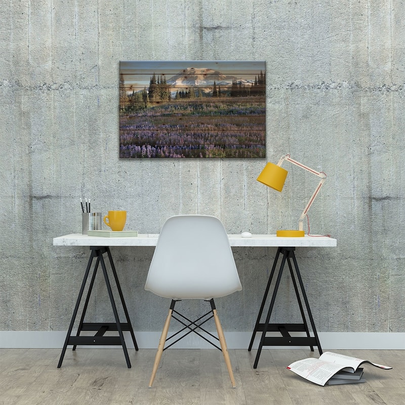 Snow-Covered Mount Rainier With A Wildflower Field In The Foreground, Washington, USA Print On Wood by Jamie & Judy Wild