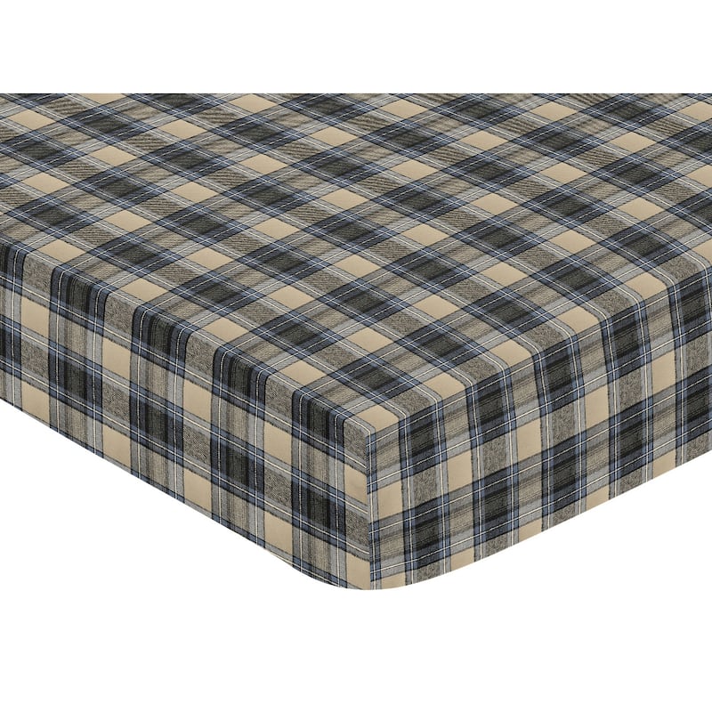 Sweet Jojo Designs Blue and Tan Woodland Plaid Flannel Rustic Patch Collection Fitted Crib Sheet