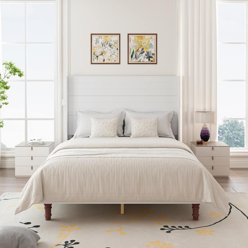 Queen Size Platform Bed Elegant High Headboard Bed Comfortable High Back Design - White