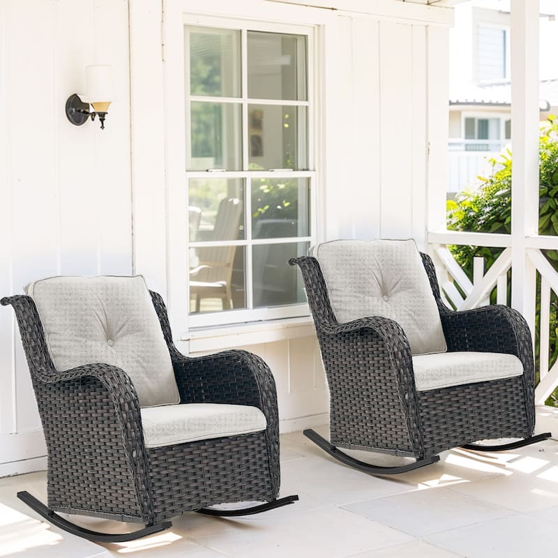 Pocassy Outdoor Rocking Chair Rocker Chairs Set - 2PCS Rocker Chair - Brown Rattan Beige Cushion