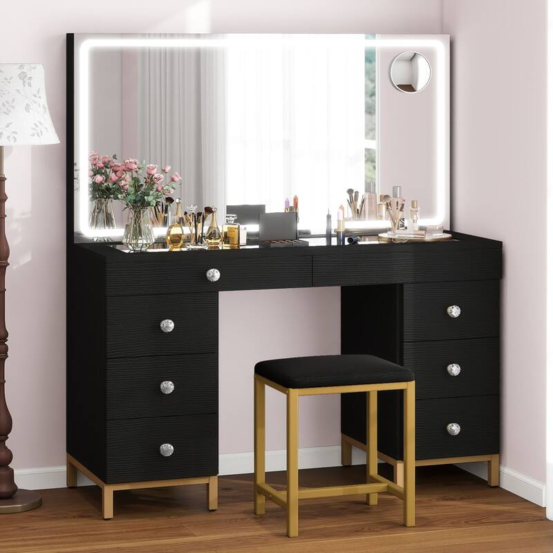 Moasis 45.5" Modern Vanity Table, 8 Drawers, Lights, Mirror, Power Outlet - Black
