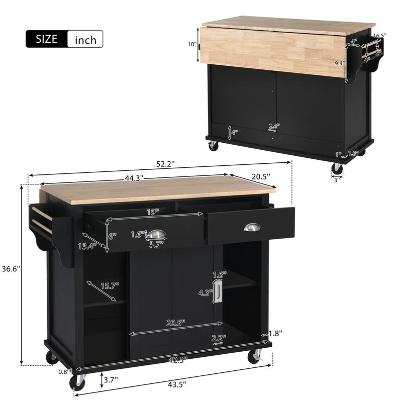 Kitchen Island with Drop-Leaf Countertop, Rolling Kitchen Cart on Wheels, Storage Trolley with 2 Drawers & 2 Sliding Doors