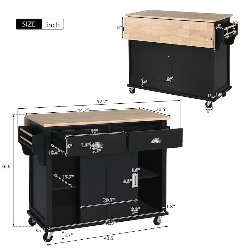 Rolling Kitchen Island with Drop Leaf Hidden Barn Door, 2 Drawers, Storage Cabinet, Towel and Spice Racks, Farmhouse