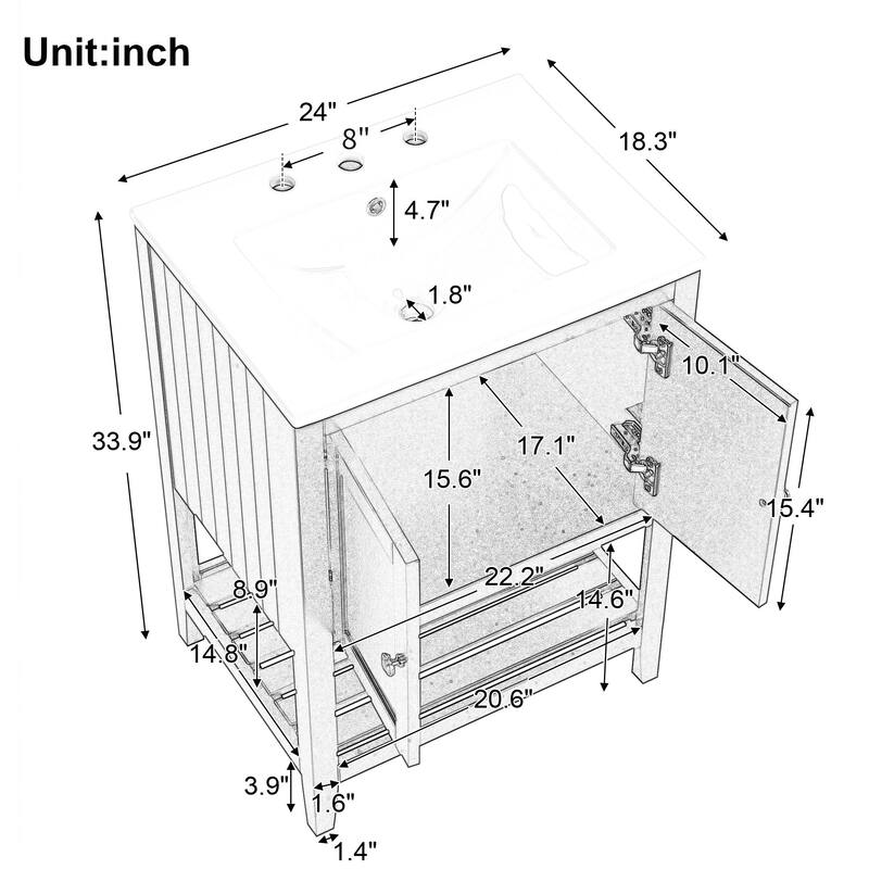 24" Bathroom Vanity with Ceramic Sink and Open Shelf