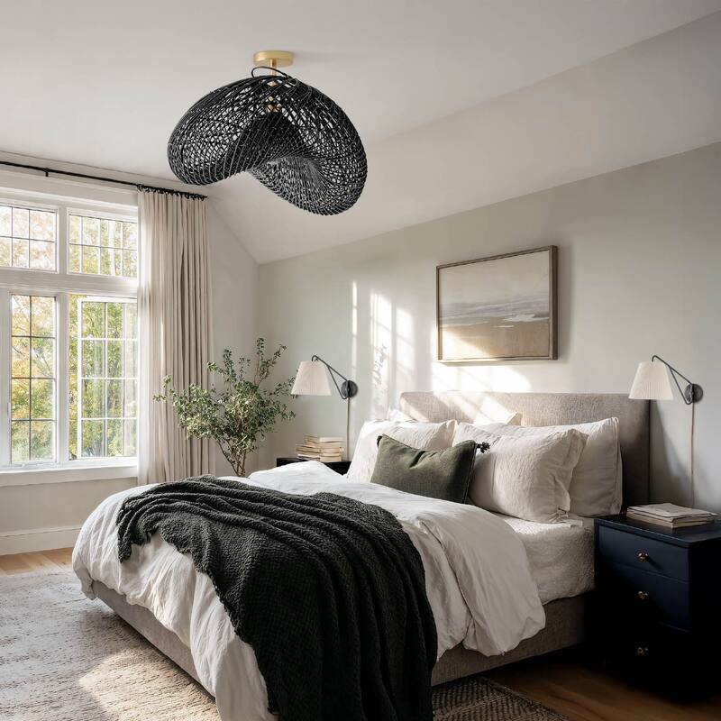 Lucian Rattan Flush Mount - Rattan Black 1-Light Handwoven Ceiling Light for Bedroom or Dining Room in Farmhouse, Country Style