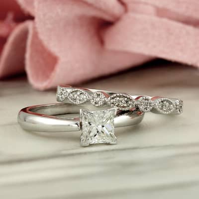Auriya 14k Gold 1 1/6ctw Princess-cut Solitaire Diamond Engagement Ring Set