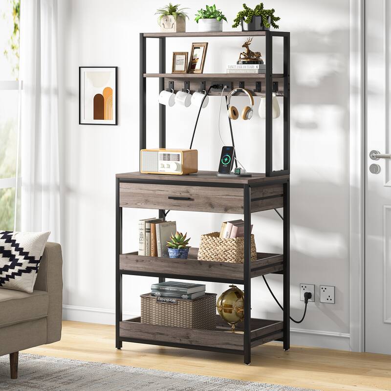 5-Tier Baker's Racks Rack with Power Outlets, Drawer and Sliding Shelves - Rustic Brown & Black