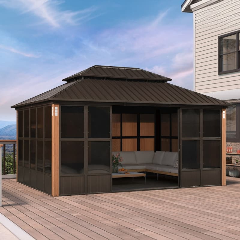 PURPLE LEAF Double Top Outdoor Sunroom All-Weather Screen House Patio Hardtop Gazebo
