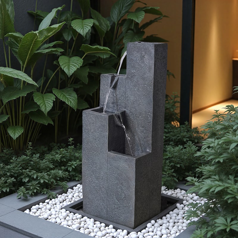 Vbal Modern Minimalist 4-Tier Outdoor Flowing Geometric Floor Fountain with 3 Warm LED Lights