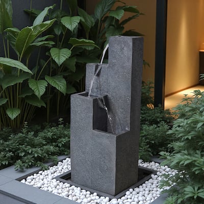 Vbal Modern Minimalist 4-Tier Outdoor Flowing Geometric Floor Fountain with 3 Warm LED Lights