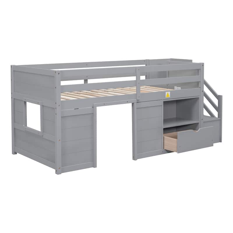 Grey Solid Wood Twin Low Loft Bed with Stair, Drawer, and Shelf