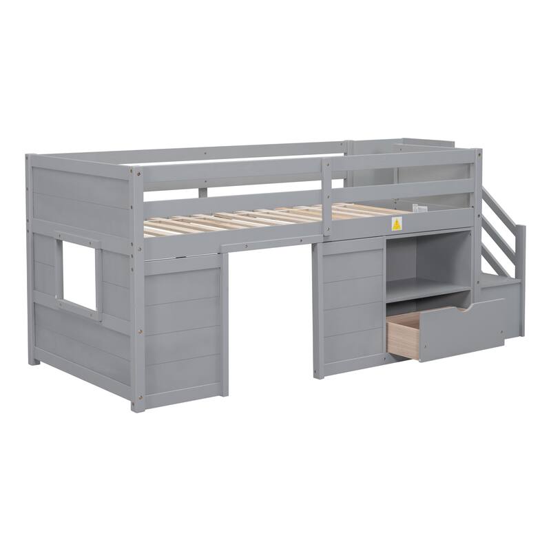 Solid Wood Low Loft Bed With Stair, Drawer, and Shelf