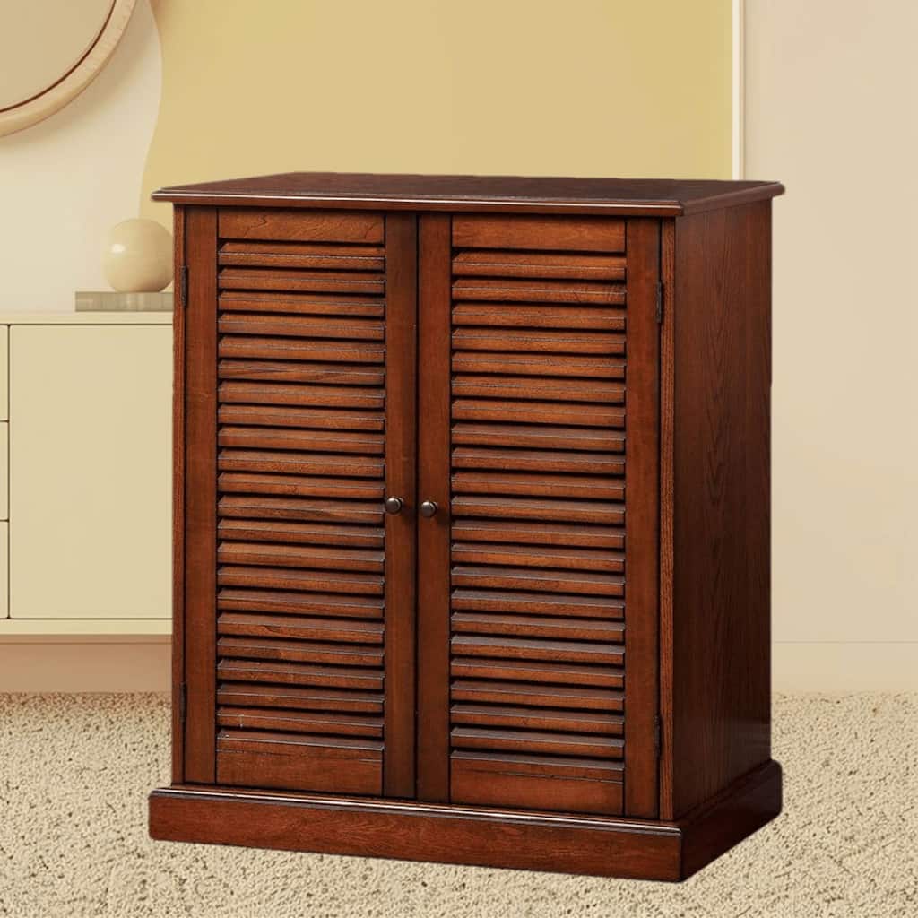 Transitional Style Oak Shoe Rack Cabinet with Adjustable Shelves and Louver Doors, Ideal for Hallway or Entryway Organization