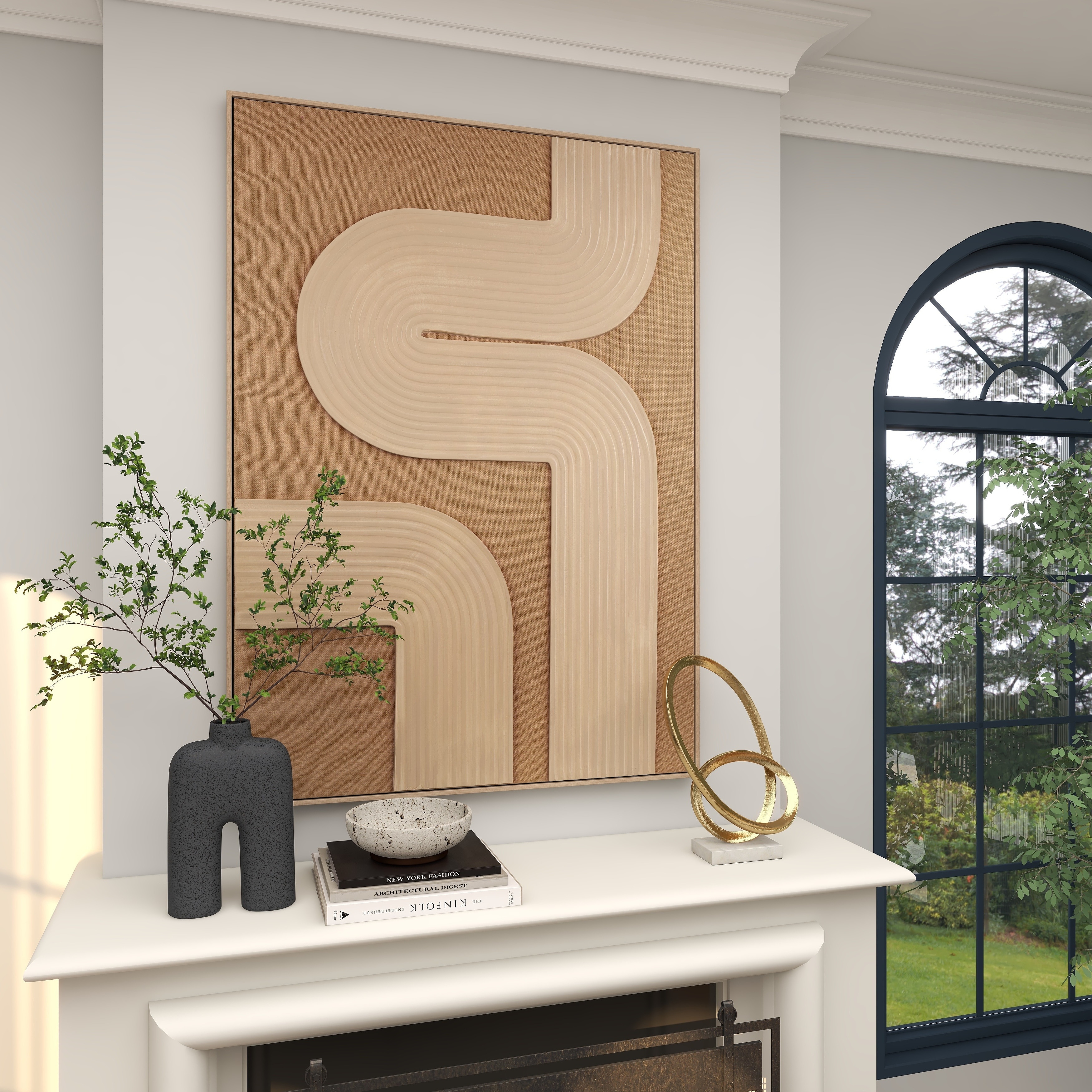 Canvas Abstract Textured Living Room Framed Wall Art with Tan Ribbed Curve  Shapes - Brown - Roche River Decor, image size:3500x3500