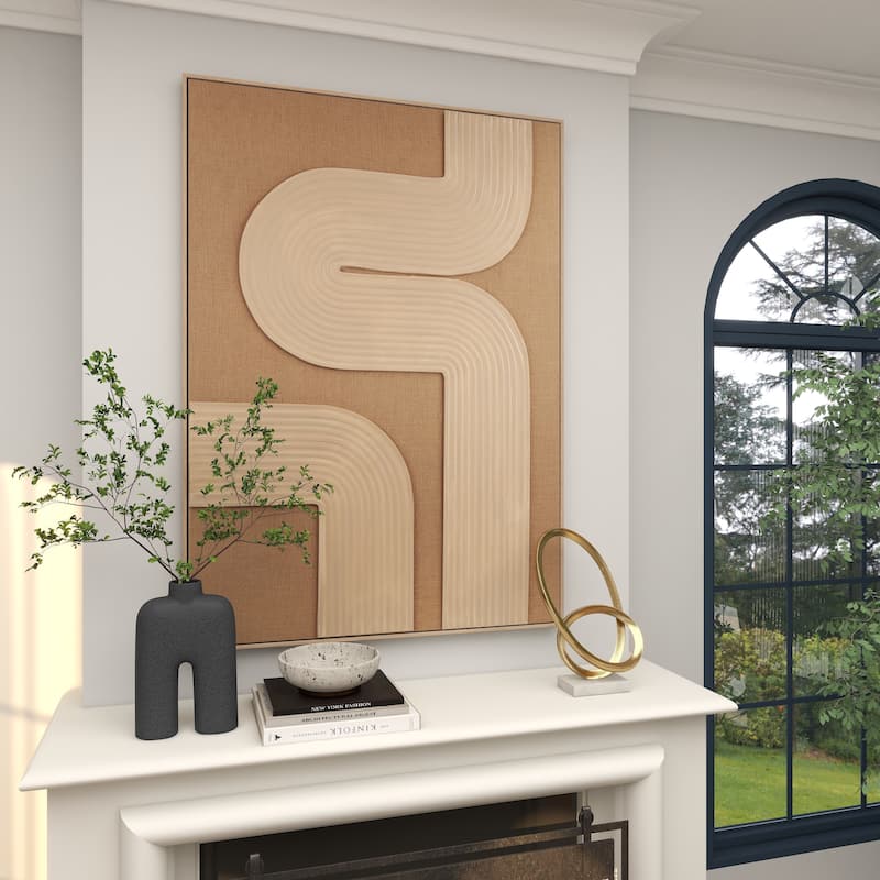 Canvas Abstract Textured Living Room Framed Wall Art with Tan Ribbed Curve Shapes - Brown - Roche River Decor