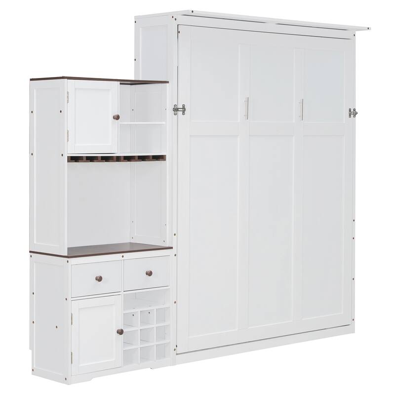 All-in-one Murphy Bed Queen Size Storage Bed Cabinet with Wine Rack, Glass Holder, Drawers, Open Shelves and LED Lights