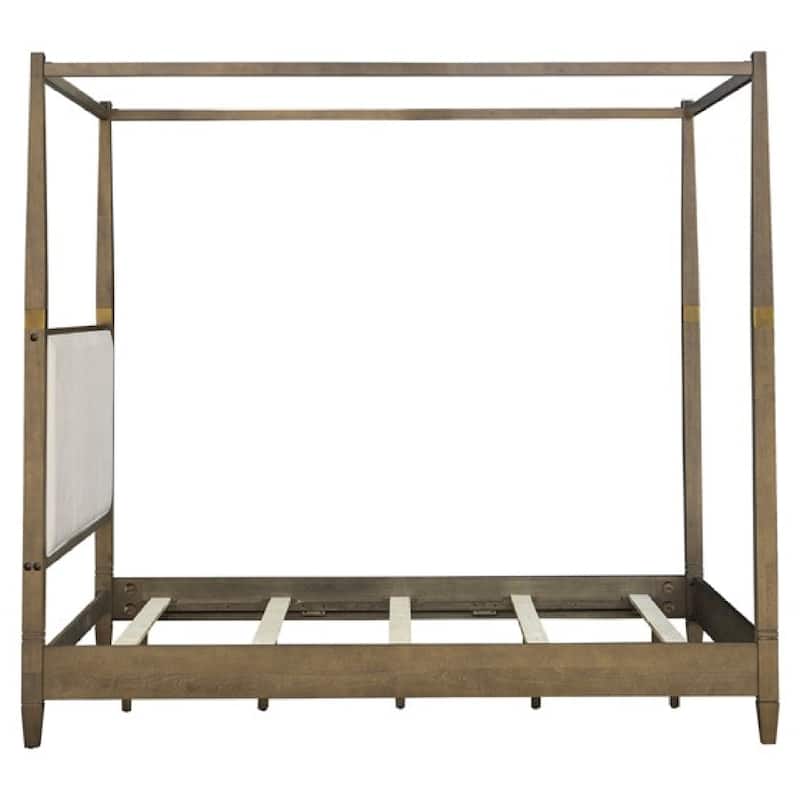 Roomfitters Modern Queen Canopy Bed Frame, Brown Solid Wood with Upholstered Headboard and Gold Metal Accents for Bedroom