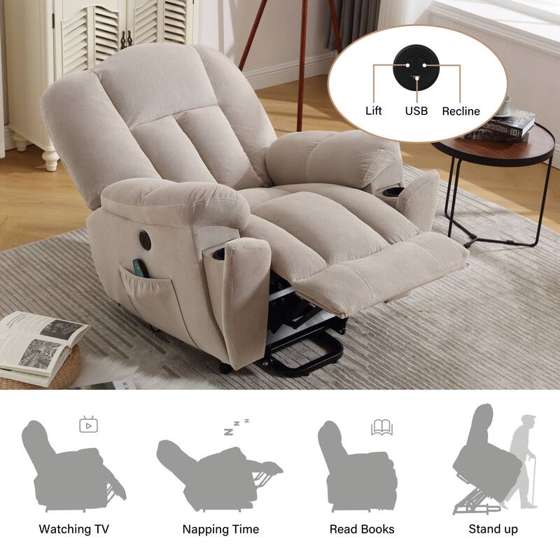 Grey Electric Lift Recliner Chair for Seniors with Heat, Massage, USB Port, Side Pockets, and Durable Fabric