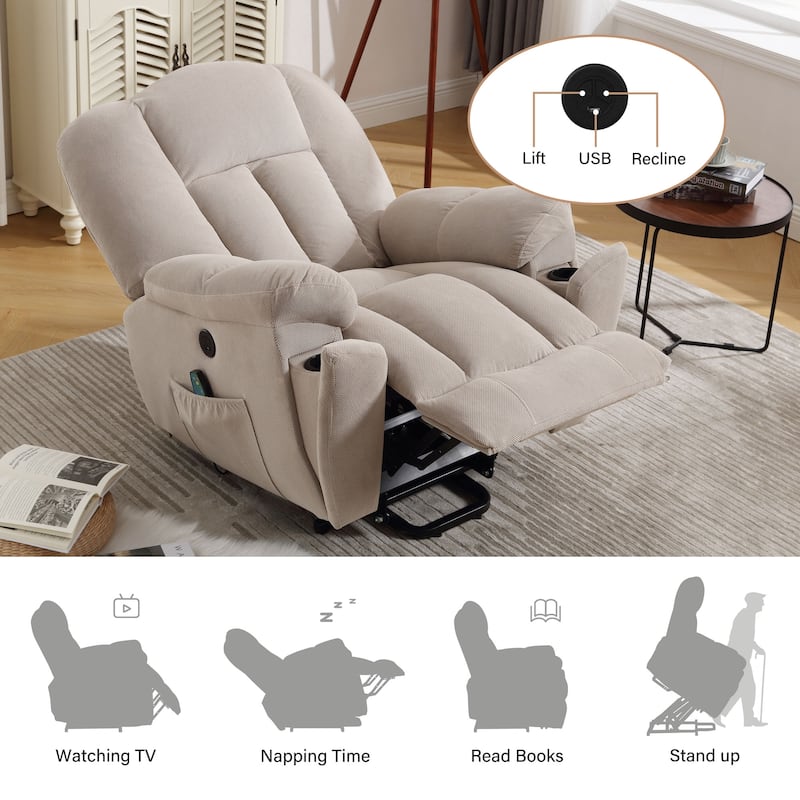 Grey Lift Recliner for Seniors with Heated Massage, USB Port, Side Pockets, and Durable Fabric Upholstery