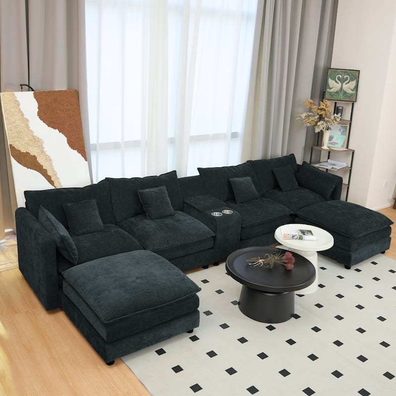 144" Modular 6-Seat U-Shaped Sectional Sofa with Movable Ottoman and Console, Cup Holders