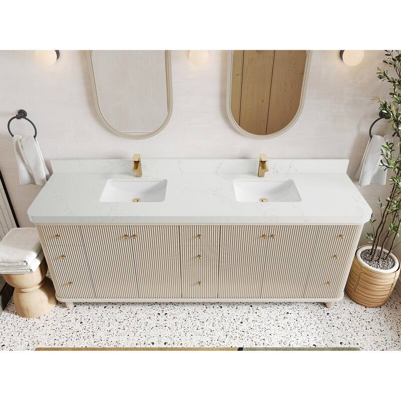 Willow Collections 84 in. W x 22 in. D Reeded Miami Double Bowl Sink Bathroom Vanity with Countertop - 2”Empira White - Fine Grain