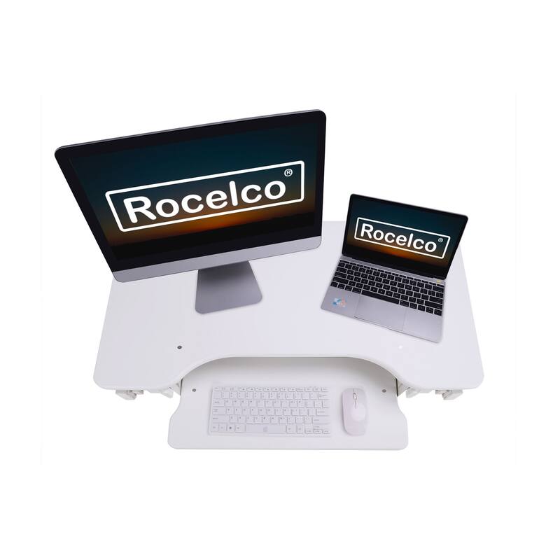 Rocelco 32 in. W White Height Adjustable Standing Desk Converter with Anti Fatigue Mat, Dual Monitor and Gas Spring Tray System
