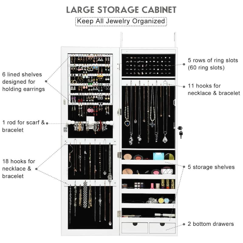 Costway Wall Mounted Mirrored Jewelry Cabinet Organizer w/LED Lights