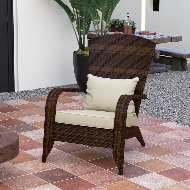 Outdoor Rattan Adirondack Chair with Cushions and Steel Frame Patio Seat for Porch or Pool - 25.2" W x 31.5" D x 35.4" H - MixedBrown-CreamWhite