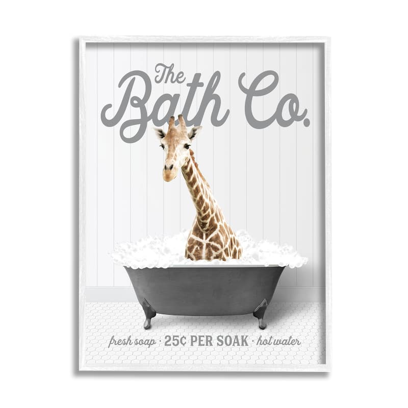 Stupell Giraffe in Bubble Bath Framed Giclee Art Design by Lettered and Lined - 24 x 30 - White