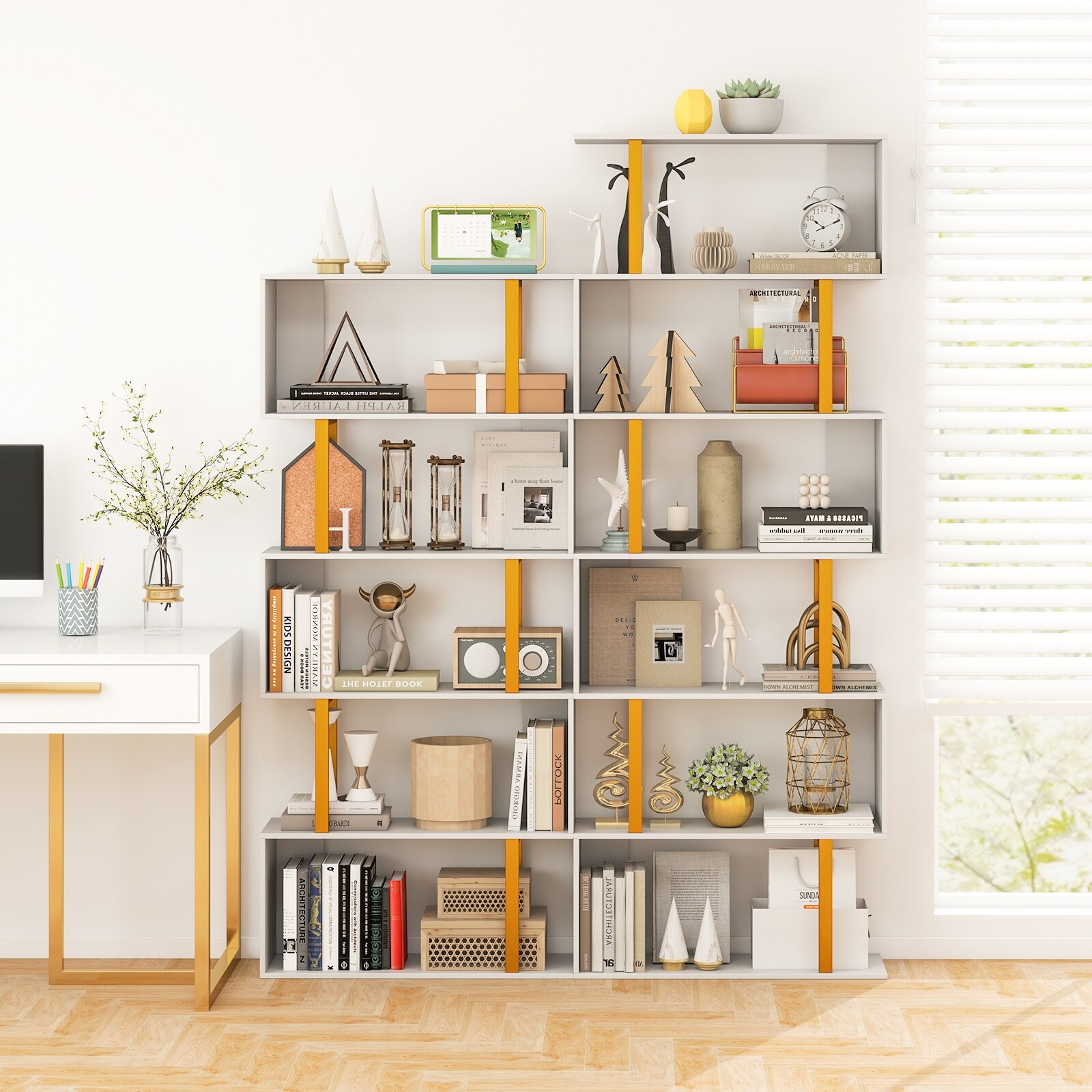 Gymax 2 PCS 5-Tier Geometric Bookcase 62-Inch S-Shaped Bookshelf w