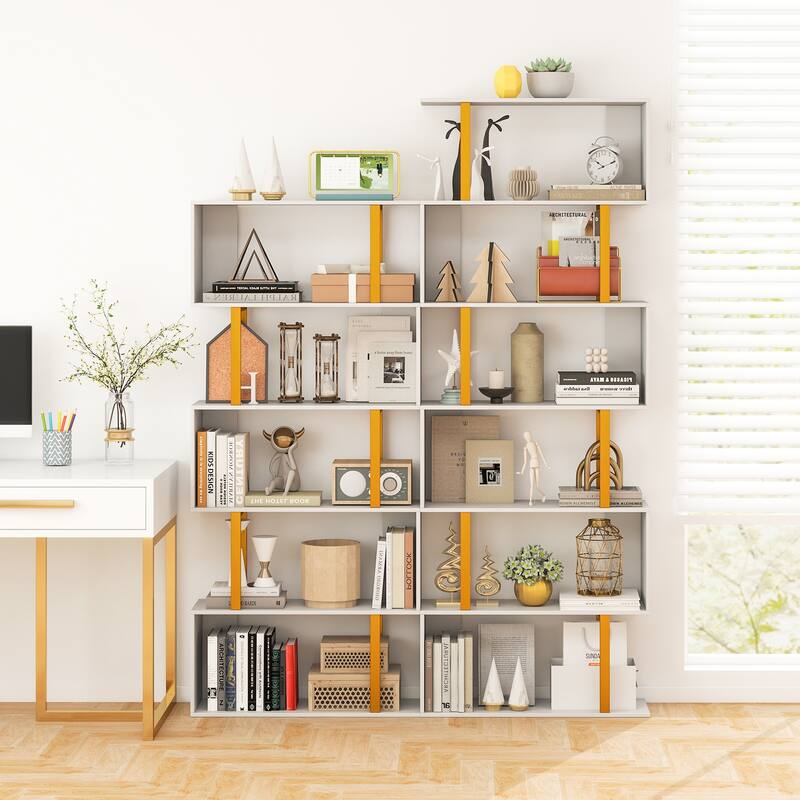 Gymax 5-Tier Geometric Bookcase 62-Inch S-Shaped Bookshelf w/ Metal