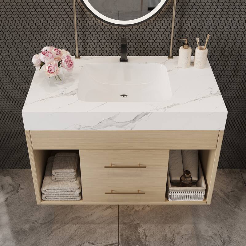 GDFStudio - Modern 29.9" Floating Bathroom Vanity with Sintered Stone Top, Ceramic Sink & U-Shape Drawers