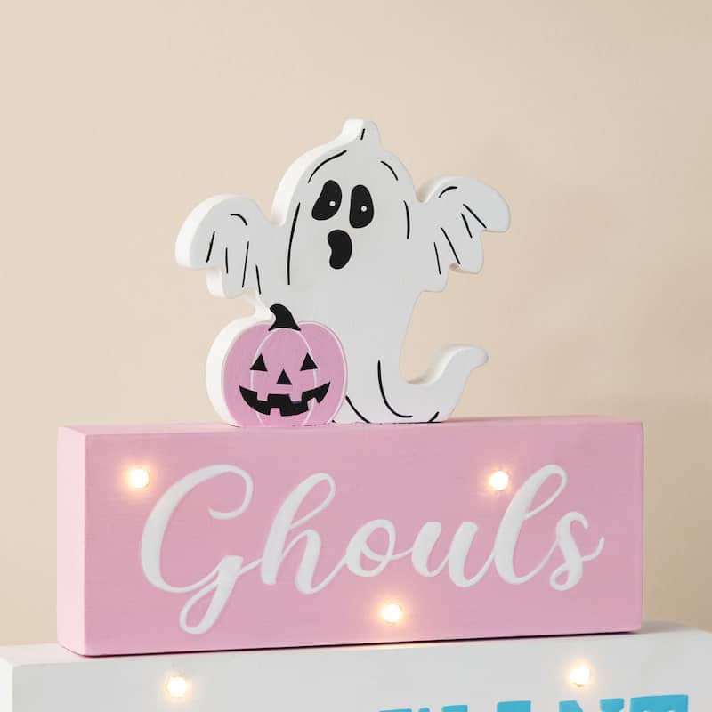 Glitzhome 11.75"H Wooden Ghost Block Word Sign with LED Lights Halloween Table Decor