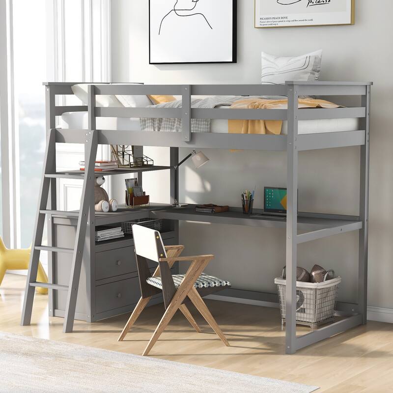 Loft Bed with Desk and Shelves, Two Built-in Drawers
