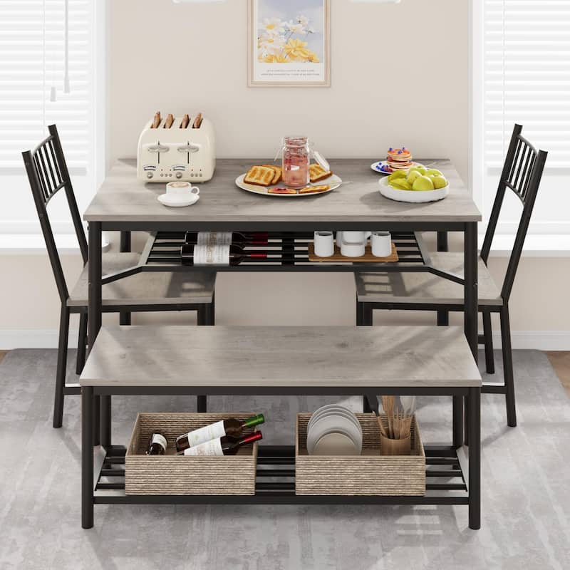 47.2" Rectangular Dining Table Set with Storage Bench and Wine Rack
