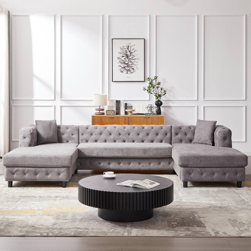 U-Shaped Chenille Sofa with Two Chaise Longue Seats and Pillows.