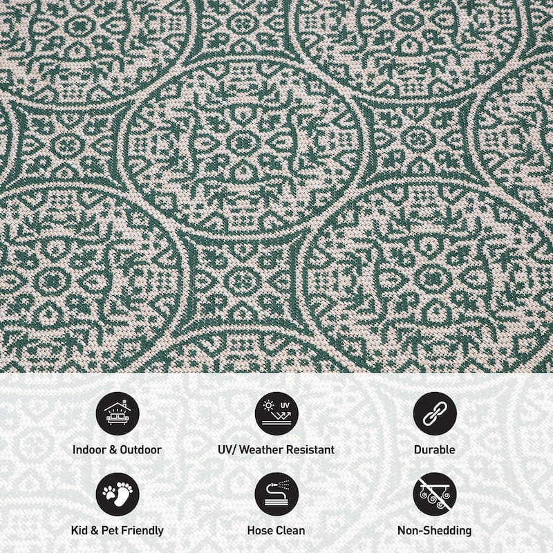 World Rug Gallery Transitional Floral Circles Textured Flat Weave Indoor/Outdoor Area Rug