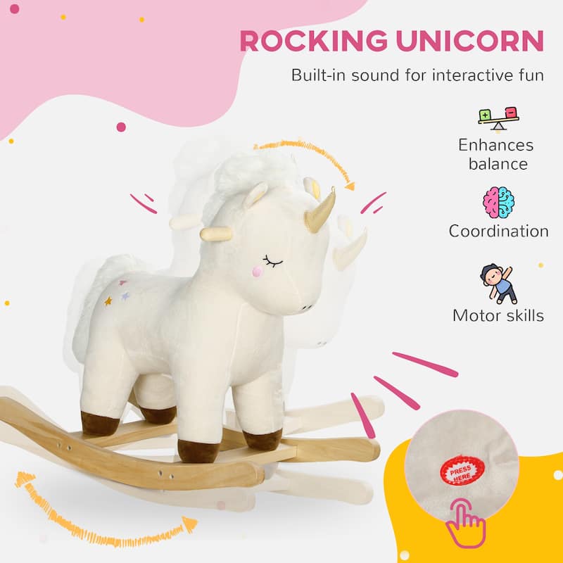 White Rocking Unicorn Ride-On Toy with Plush Seat and Sound Effects for Toddlers - 24.8" L x 13" W x 22" H