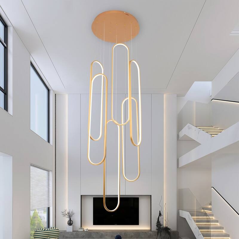 Modern Chandelier 6 Ring Adjustable Height Long Staircase LED Chandeliers Foyer Ceiling Light