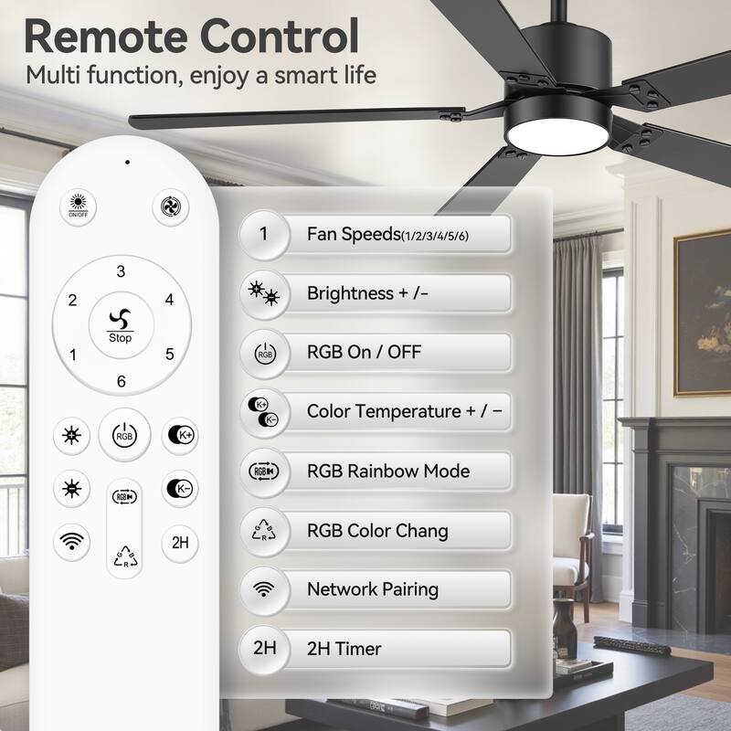 52-Inch Matte Black Ceiling Fan with RGB LED Light and Voice Control((5 Reversible Blades)