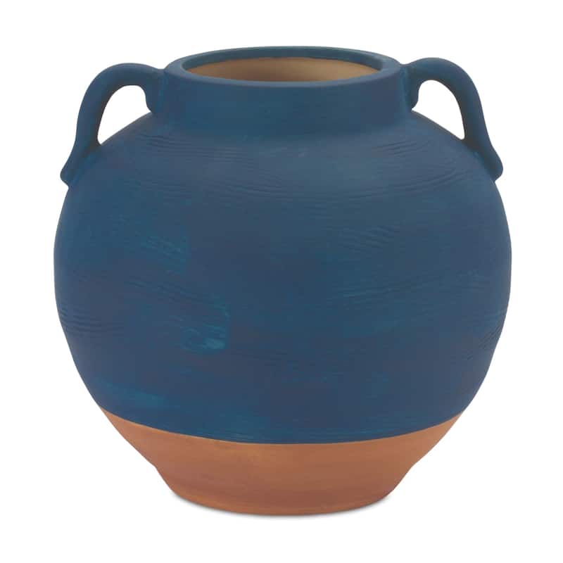 7" Blue And Terra Cotta Ceramic Round Urn - 7.00